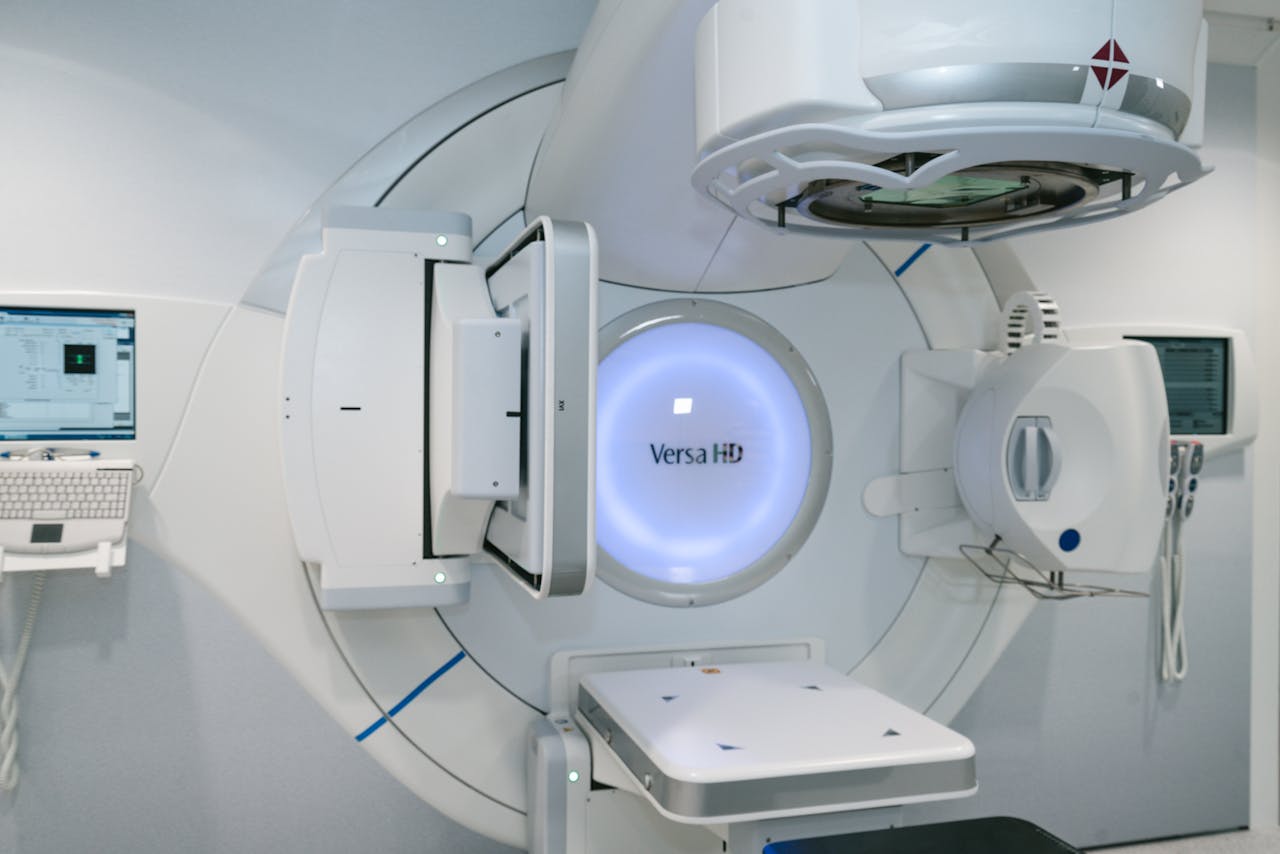 State-of-the-art radiation therapy machine used for cancer treatment in a medical facility.